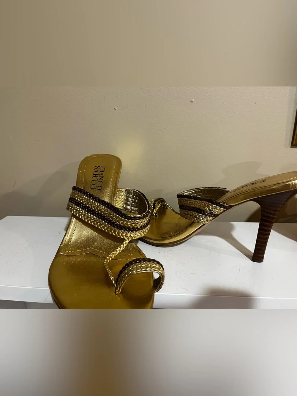 Franco Sarto Metallic Gold Braided-Strap Heels